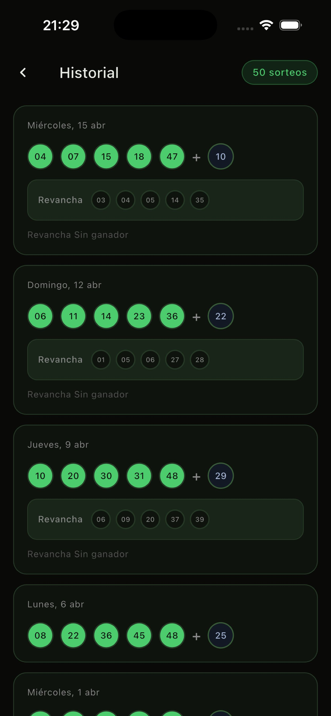 Historial de sorteos
